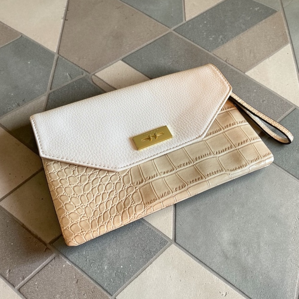 Anne Klein Two-Tone Cream & Tan Envelope Wristlet Clutch